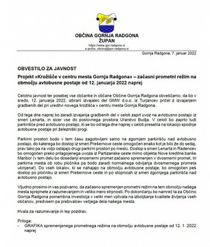 OBVESTILO ZA JAVNOST - Projekt »Krožišče v centru mesta Gornja Radgona« – začasni prometni režim na območju avtobusne postaje od 12. januarja 2022 naprej